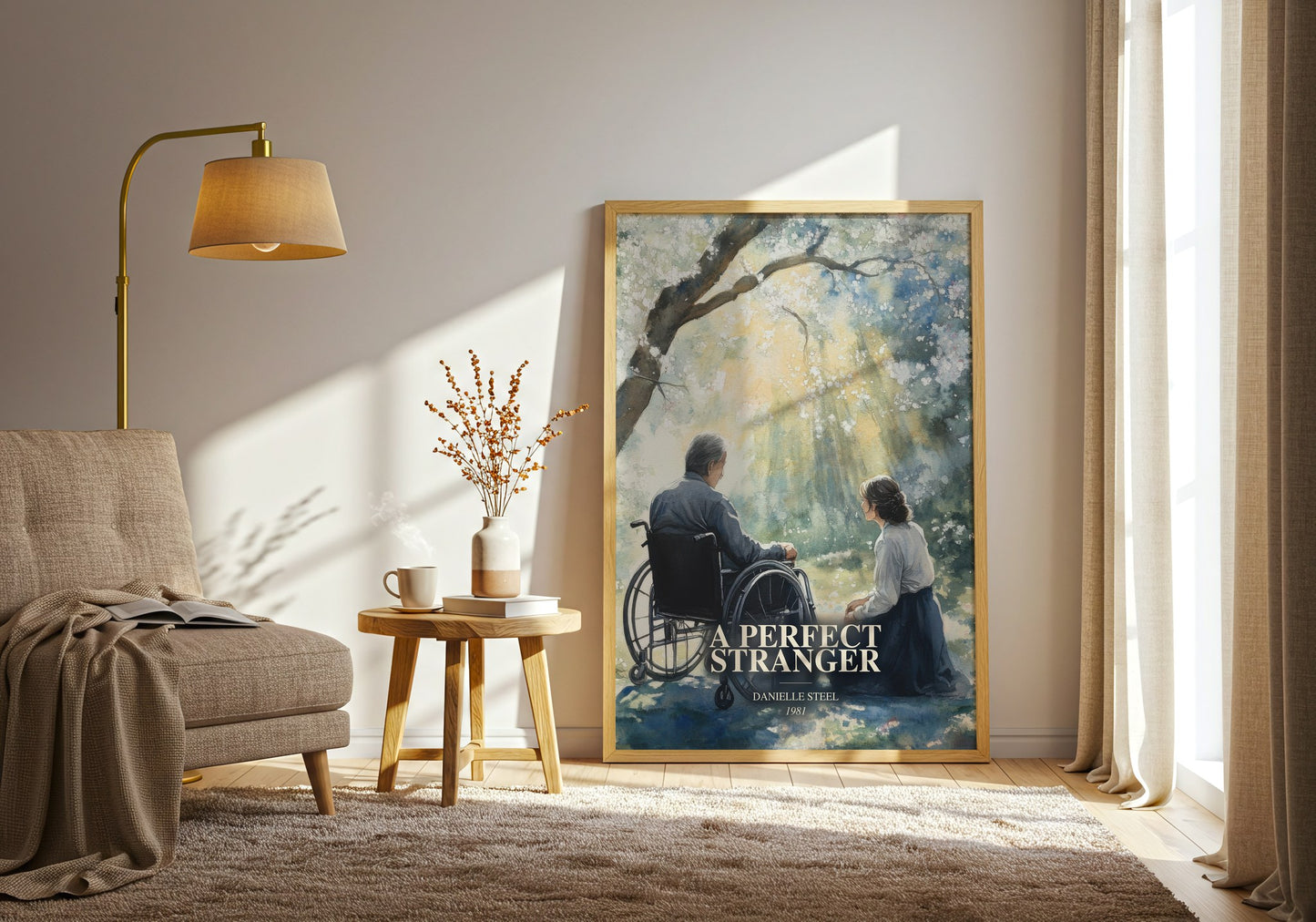 A Perfect Stranger watercolour print in frame leaning in hallway – romance wall art
