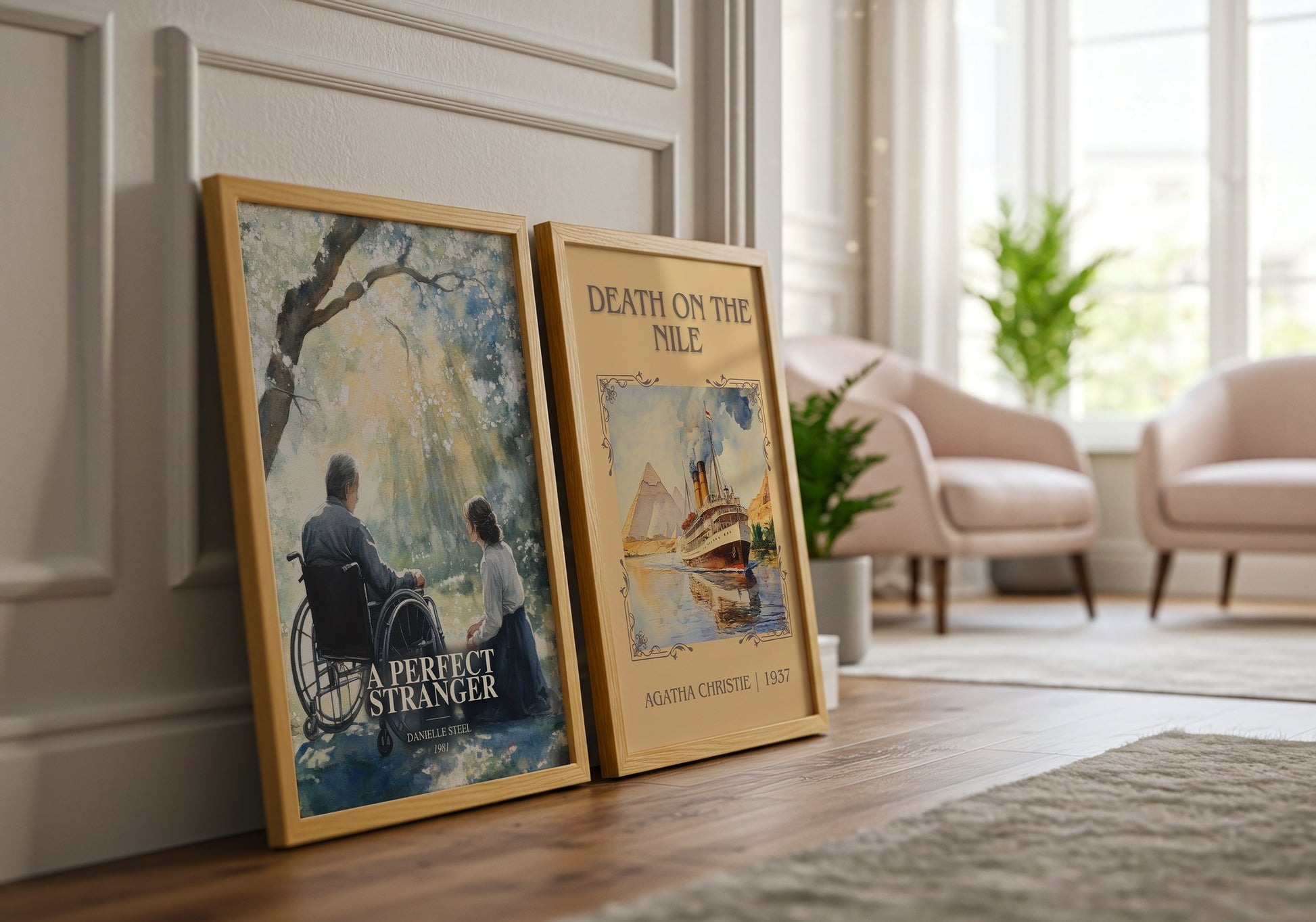 A Perfect Stranger watercolour print framed by window – literary home decor