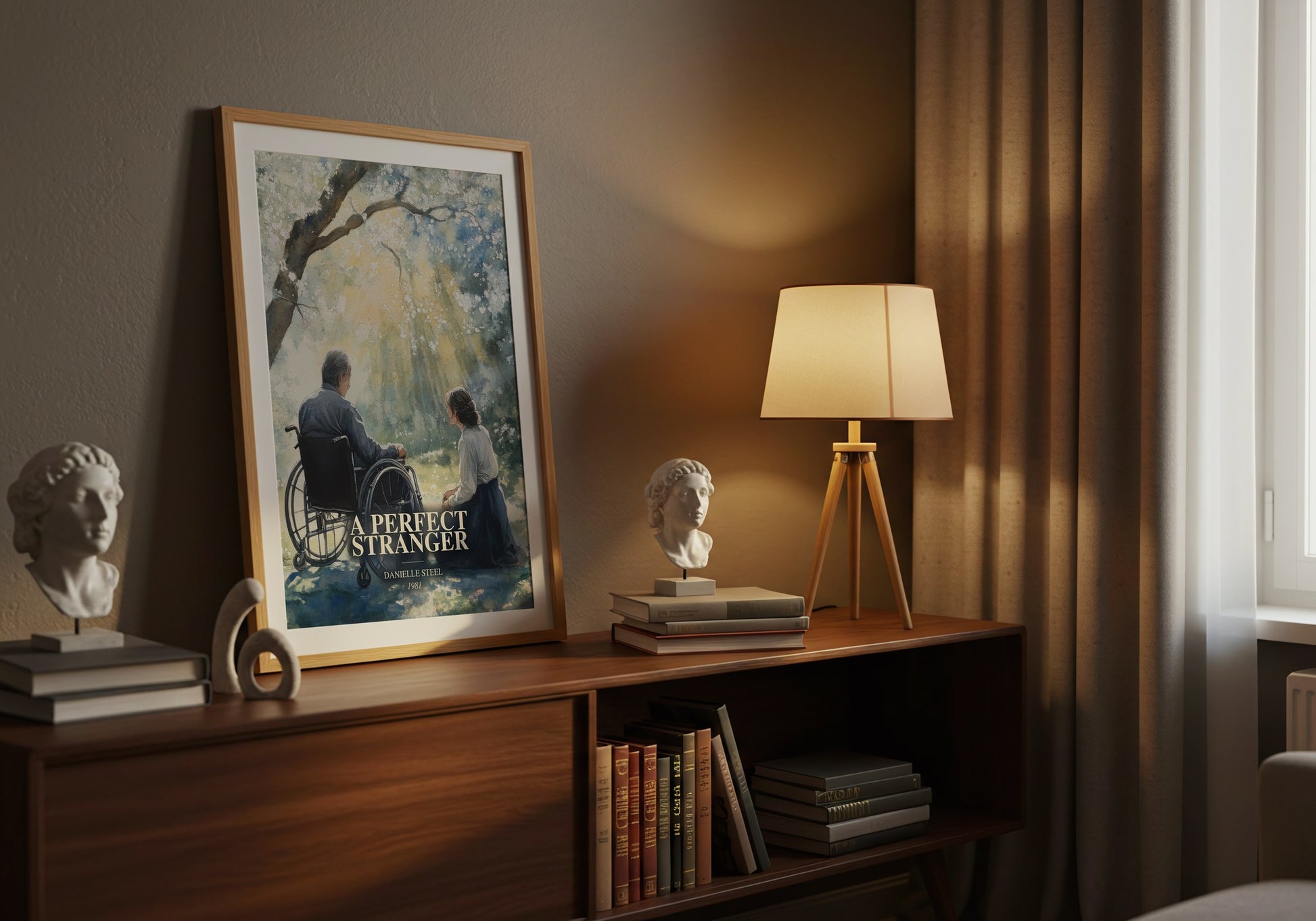 A Perfect Stranger watercolour print on bookshelf – Danielle Steel fan gift