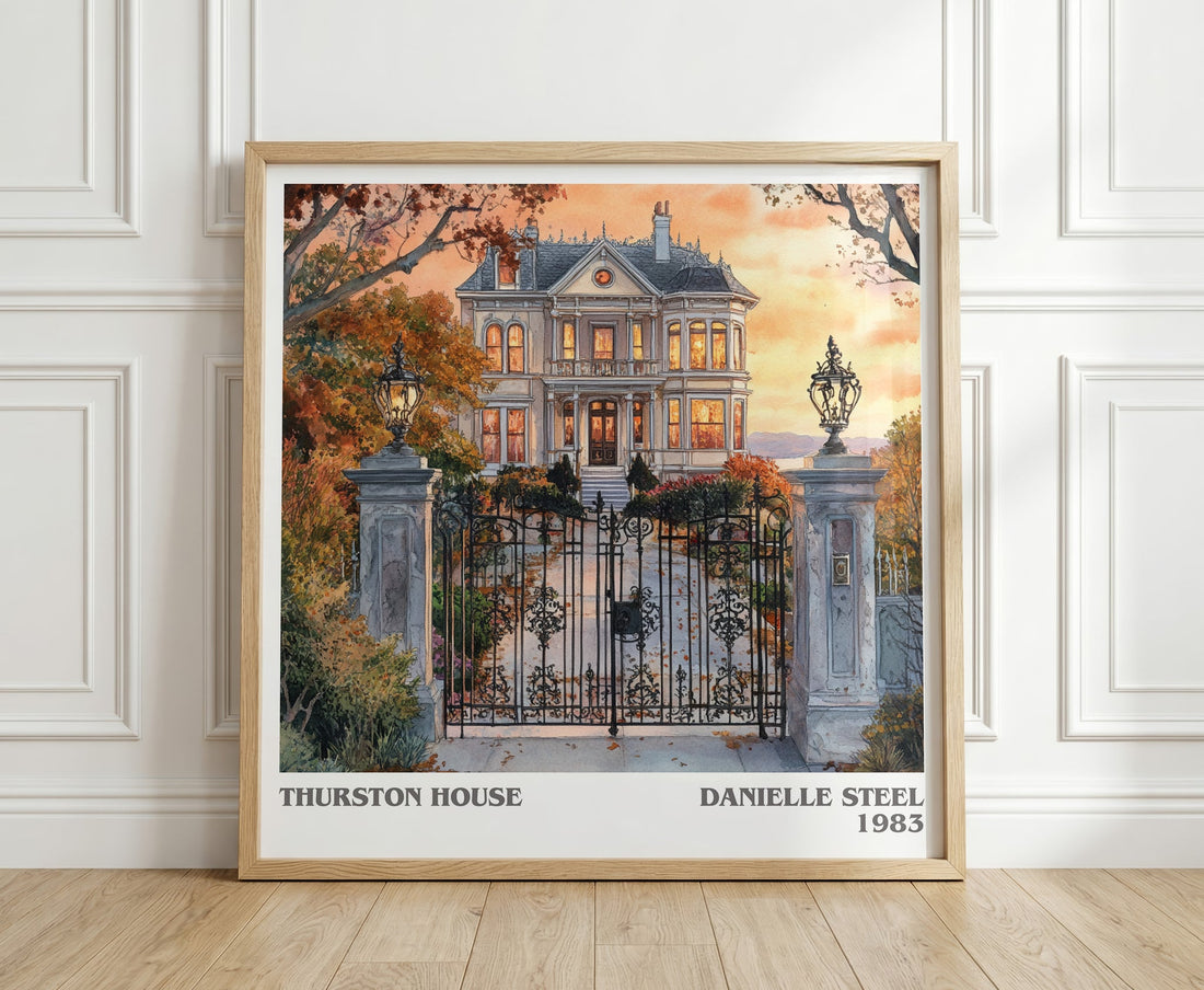 Thurston House literary print in frame leaning in hallway – romance wall art (mockup)