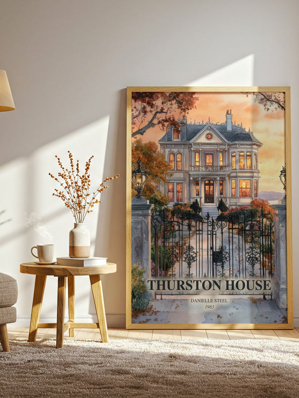 Thurston House watercolour print in frame leaning in hallway – romance wall art
