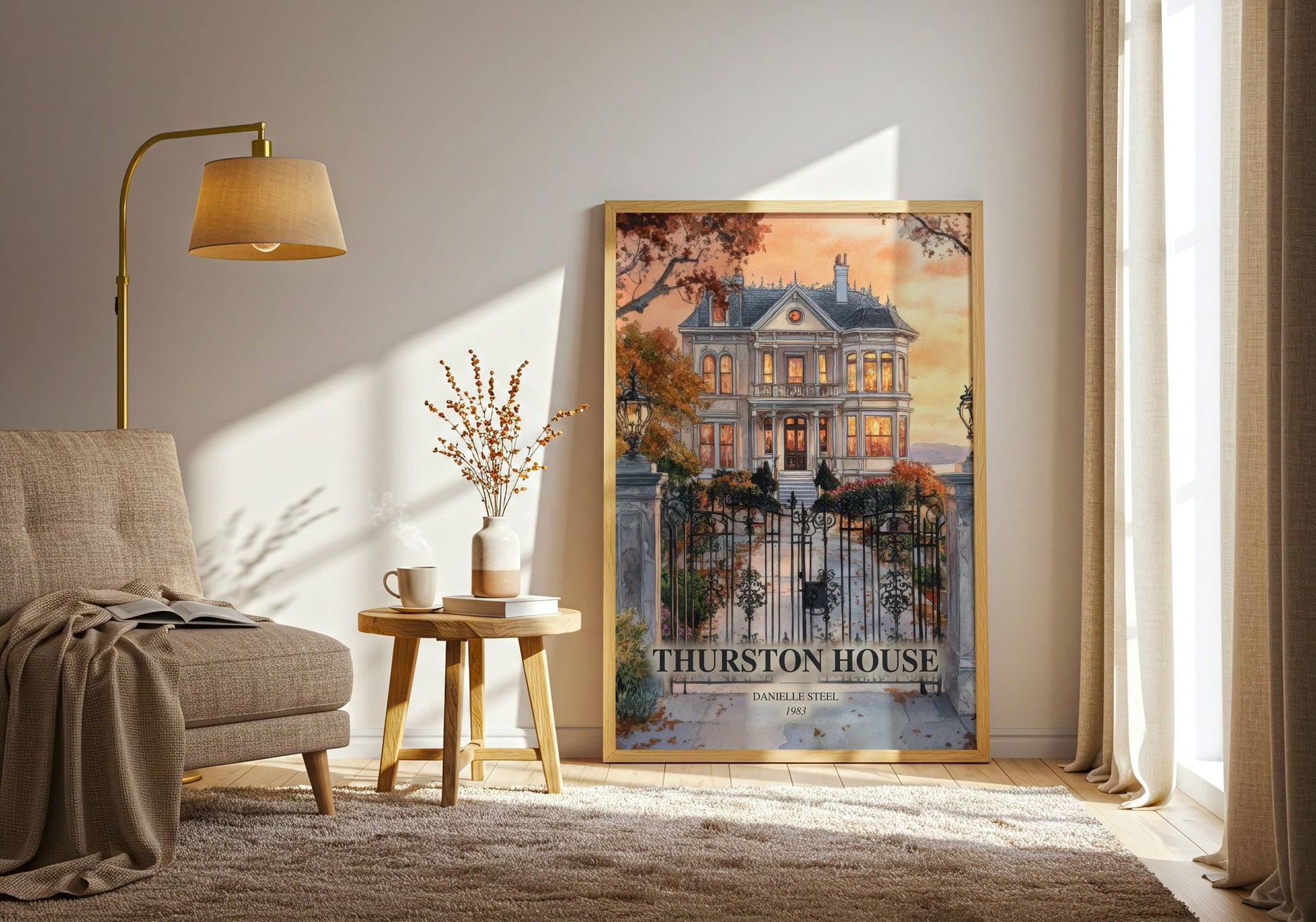 Thurston House watercolour print in frame leaning in hallway – romance wall art