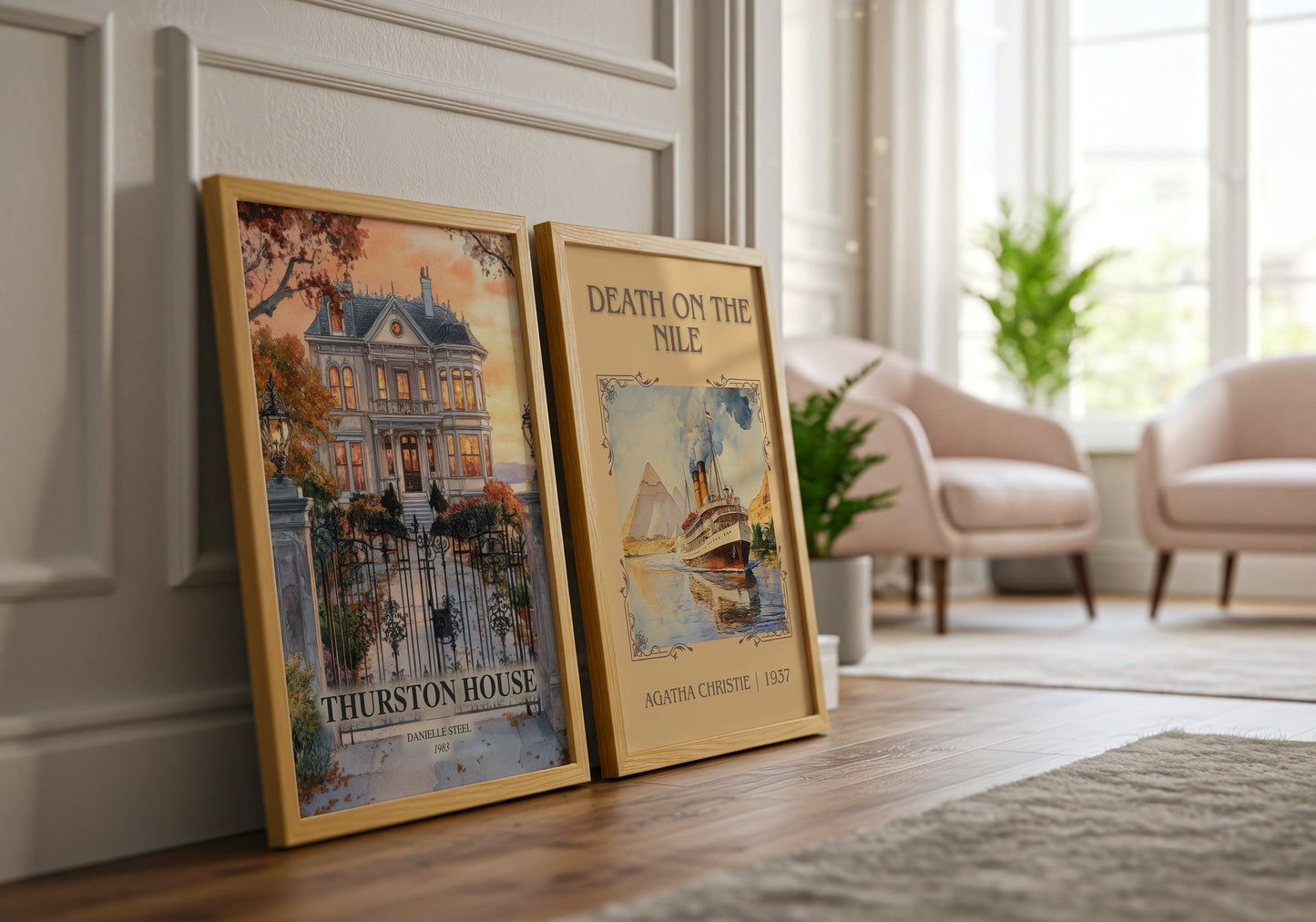 Thurston House watercolour print framed by window – literary home decor