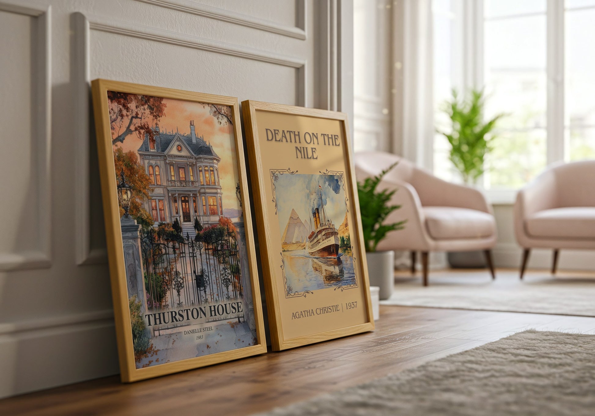 Thurston House watercolour print framed by window – literary home decor