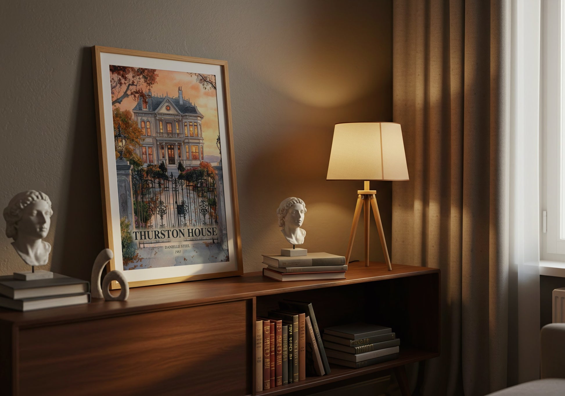 Thurston House watercolour print on bookshelf – Danielle Steel fan gift