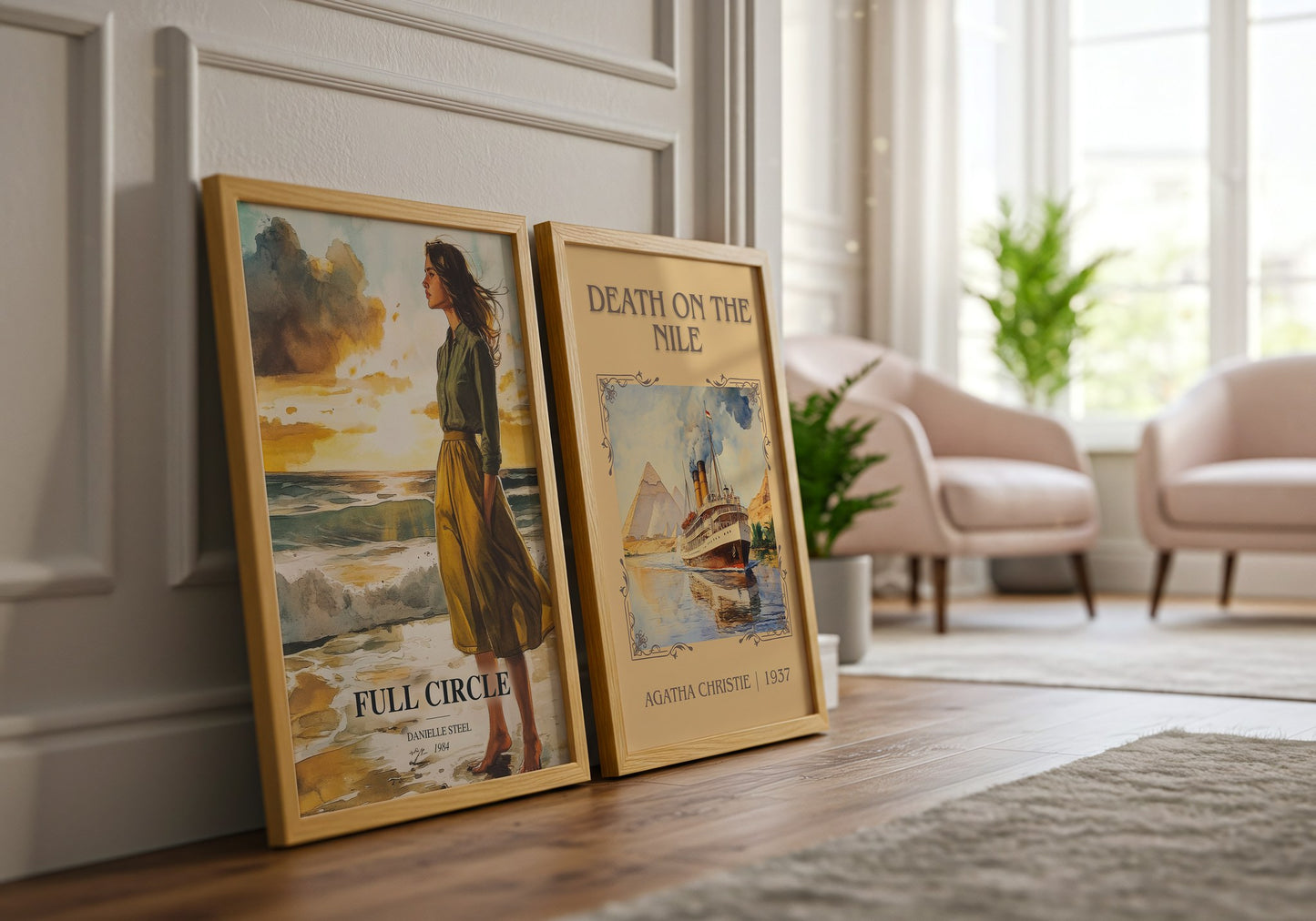 Full Circle watercolour print framed by window – literary home decor
