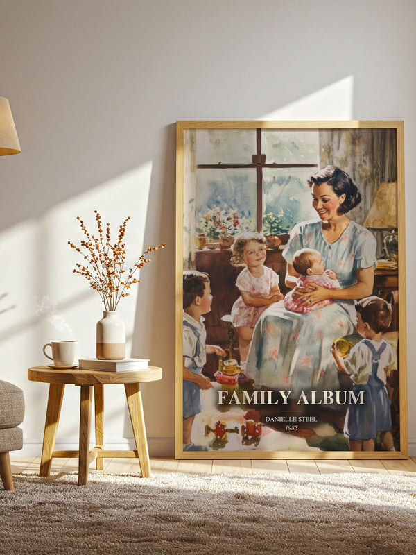 Family Album watercolour print in frame leaning in hallway – contemporary fiction wall art
