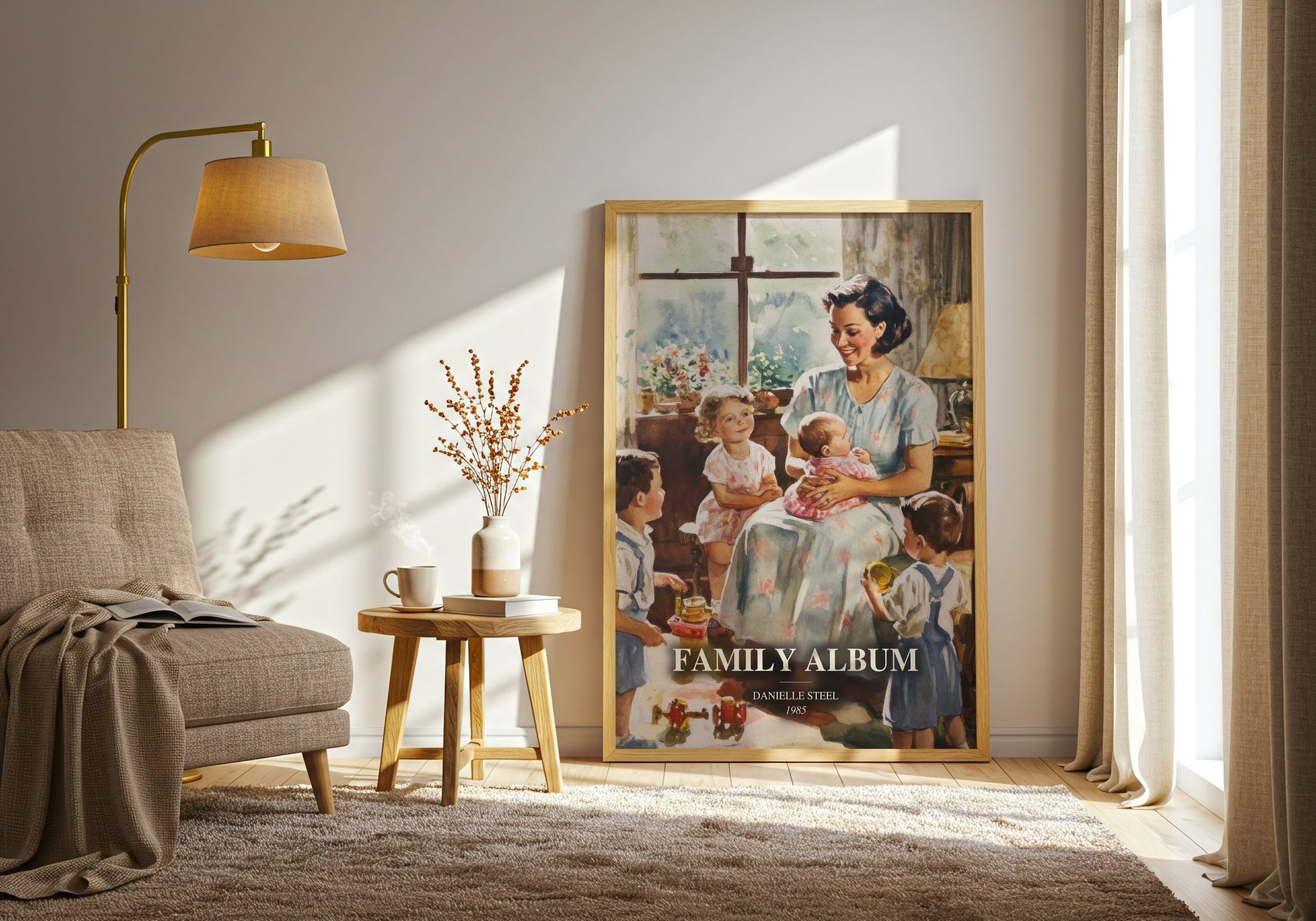 Family Album watercolour print in frame leaning in hallway – contemporary fiction wall art