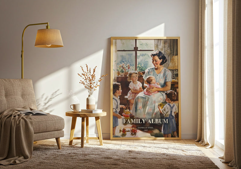 Family Album watercolour print in frame leaning in hallway – contemporary fiction wall art