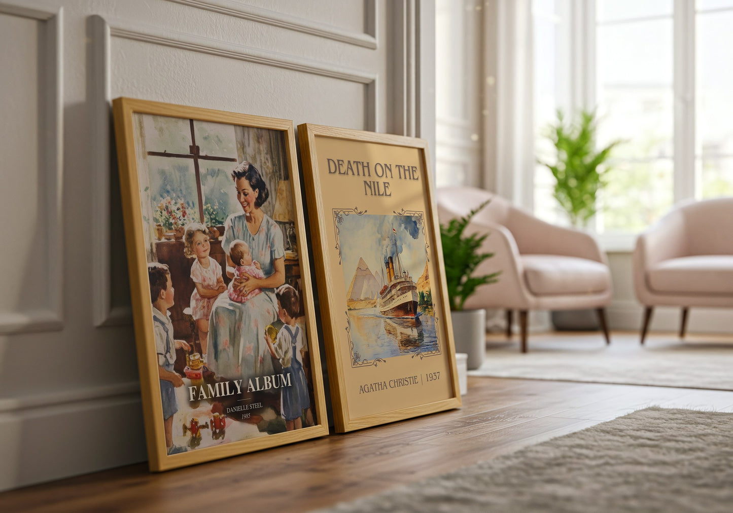 Family Album watercolour print framed by window – literary home decor