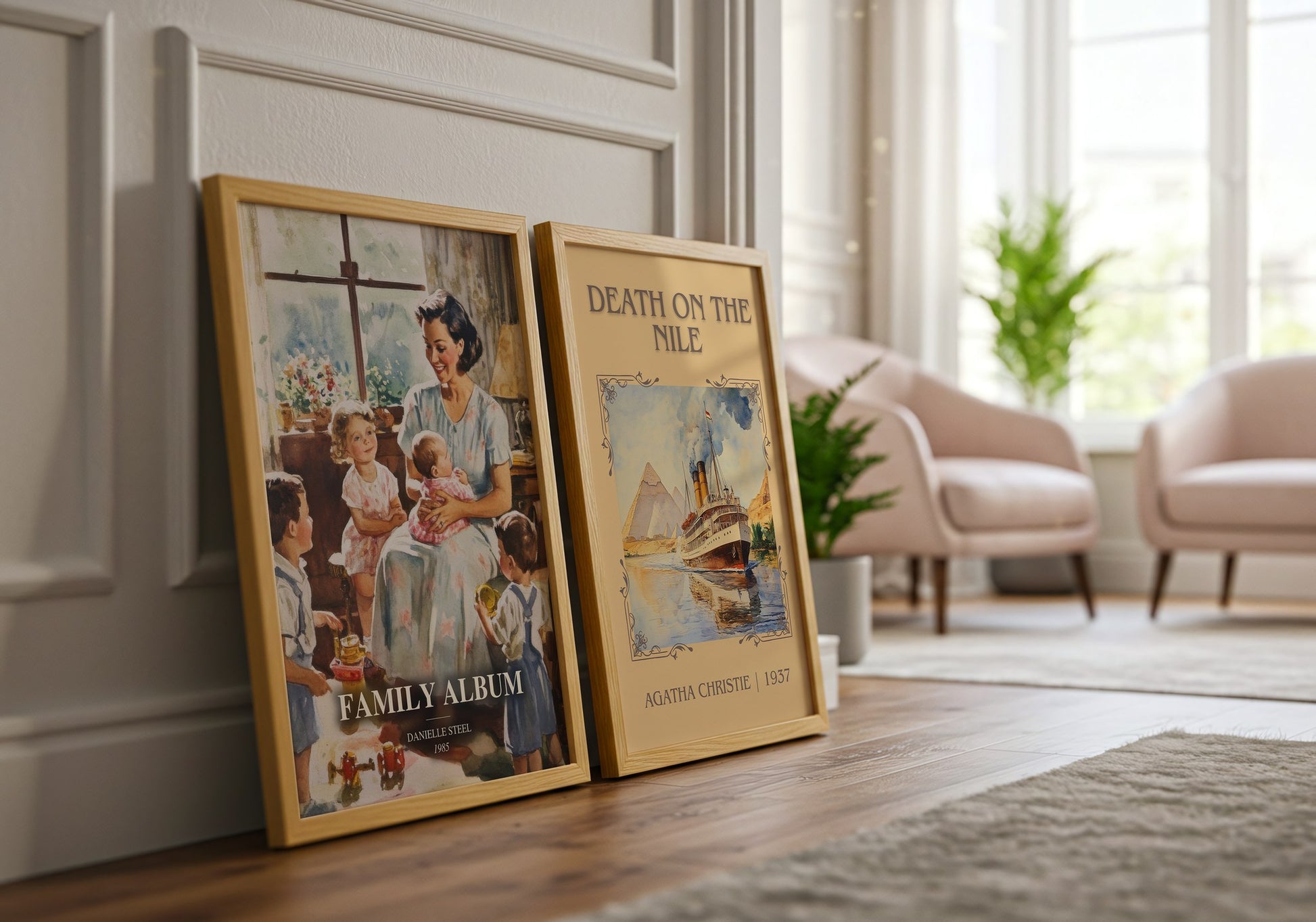 Family Album watercolour print framed by window – literary home decor