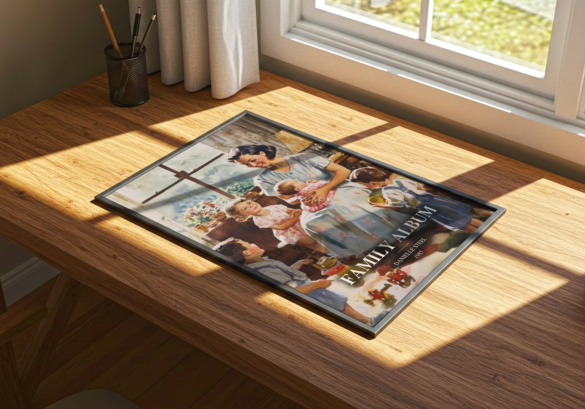 Family Album watercolour book poster framed on wall – contemporary fiction wall art