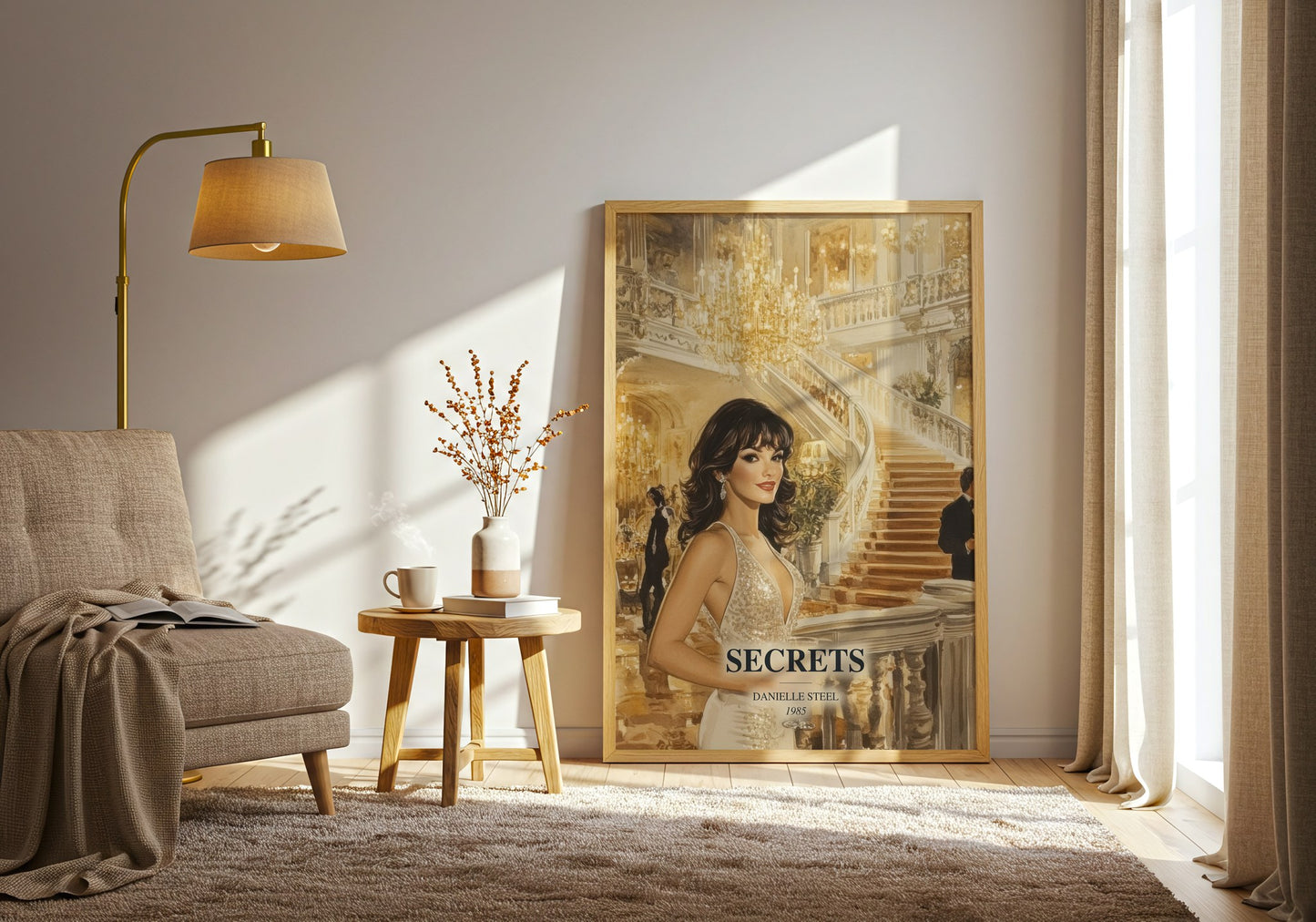 Secrets watercolour print in frame leaning in hallway – contemporary fiction wall art