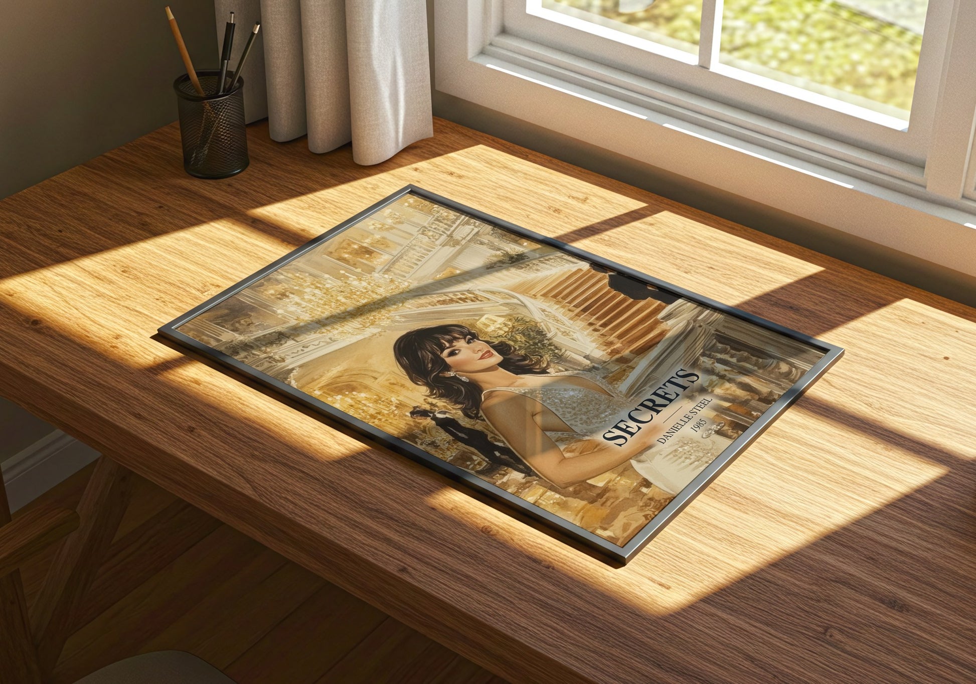 Secrets watercolour book poster framed on wall – contemporary fiction wall art
