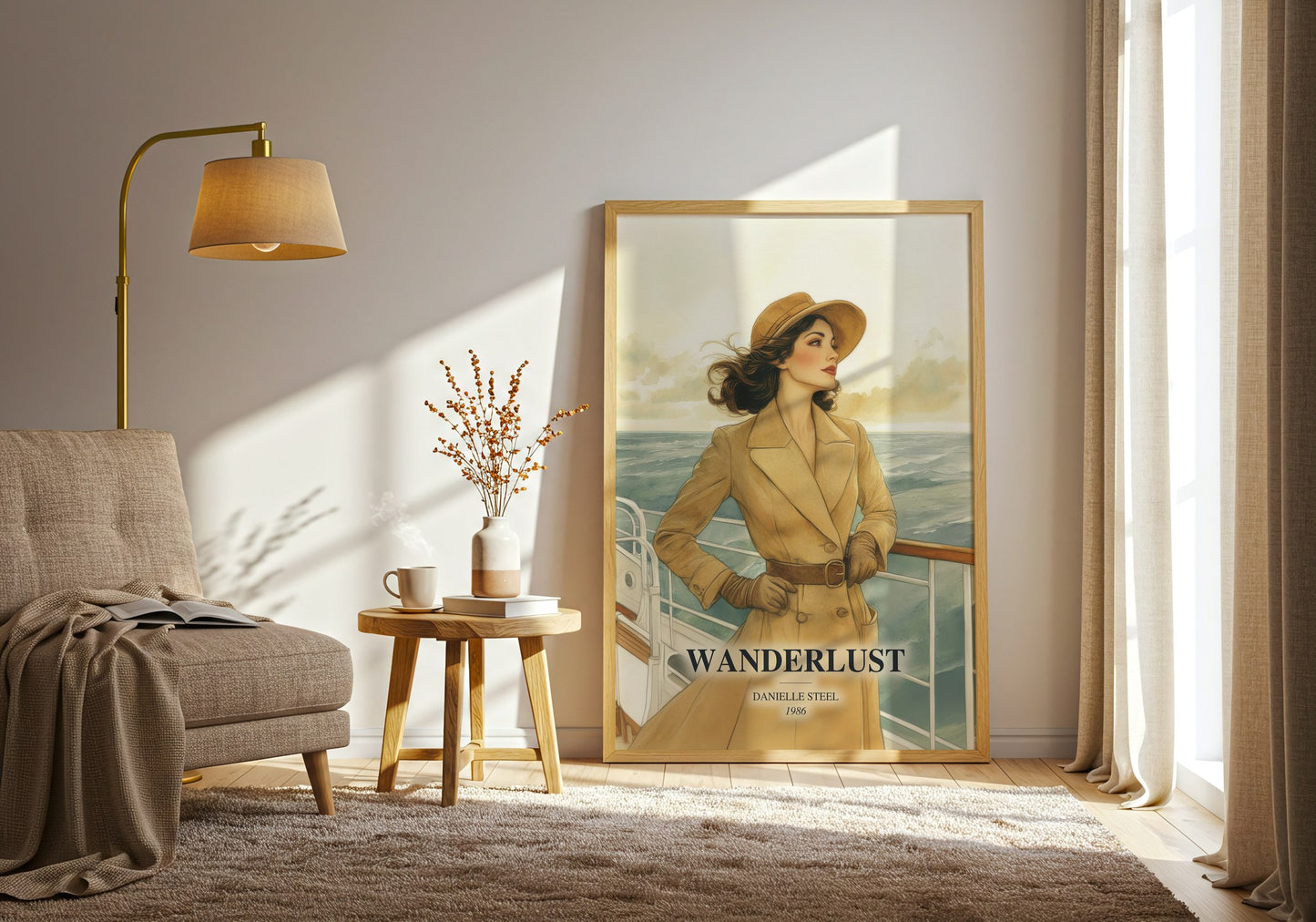 Wanderlust watercolour print in frame leaning in hallway – romance wall art