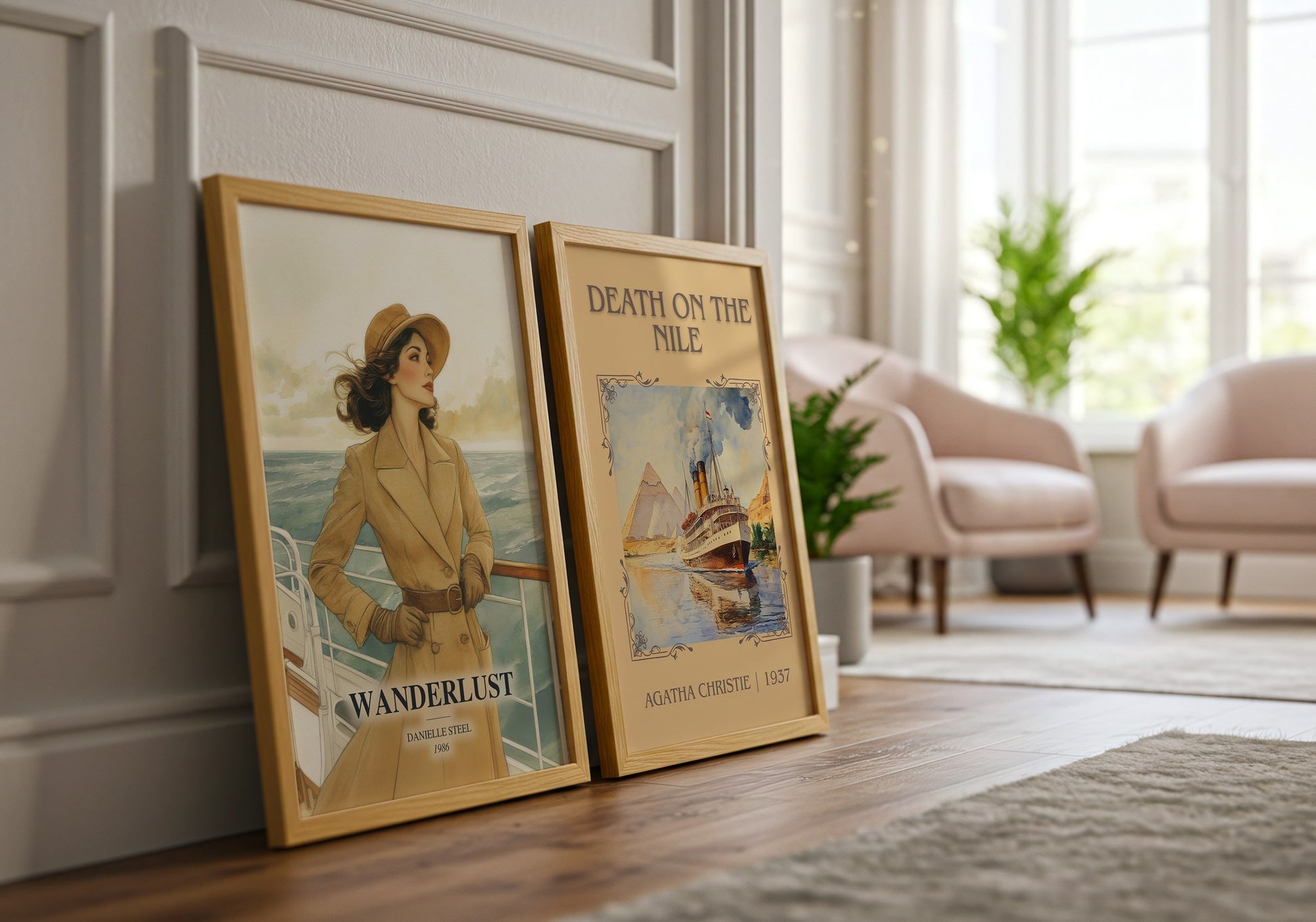 Wanderlust watercolour print framed by window – literary home decor