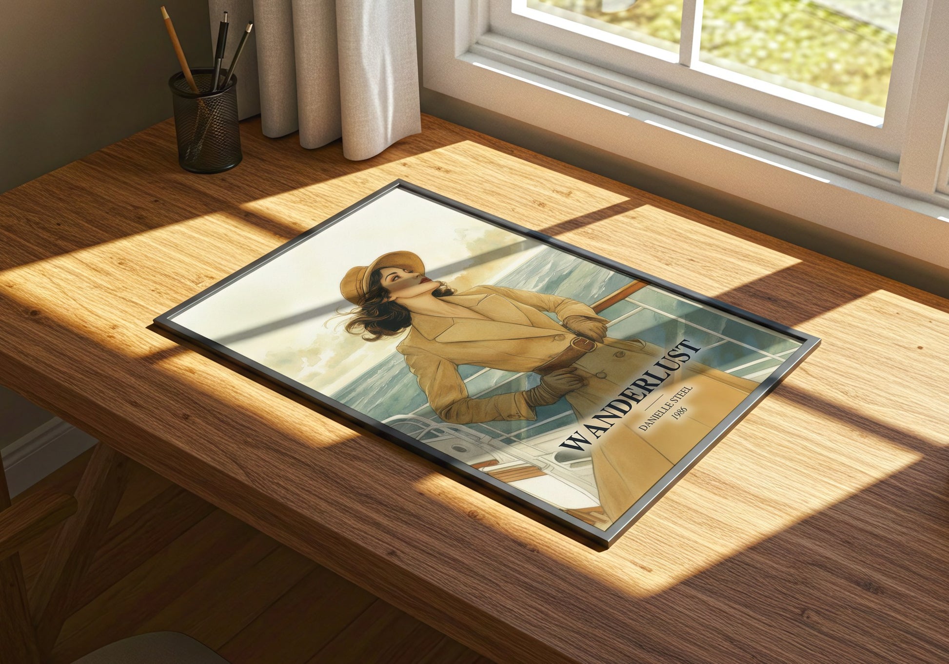 Wanderlust watercolour book poster framed on wall – romance wall art