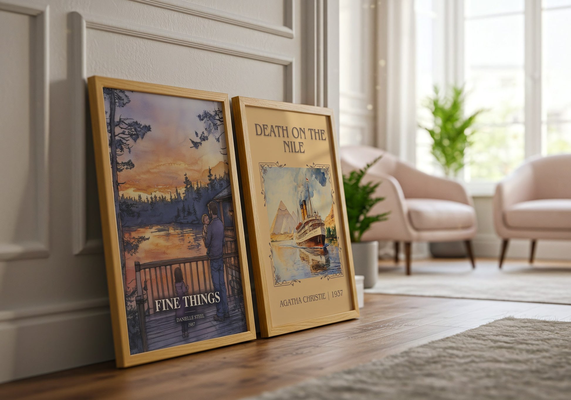 Fine Things watercolour print framed by window – literary home decor