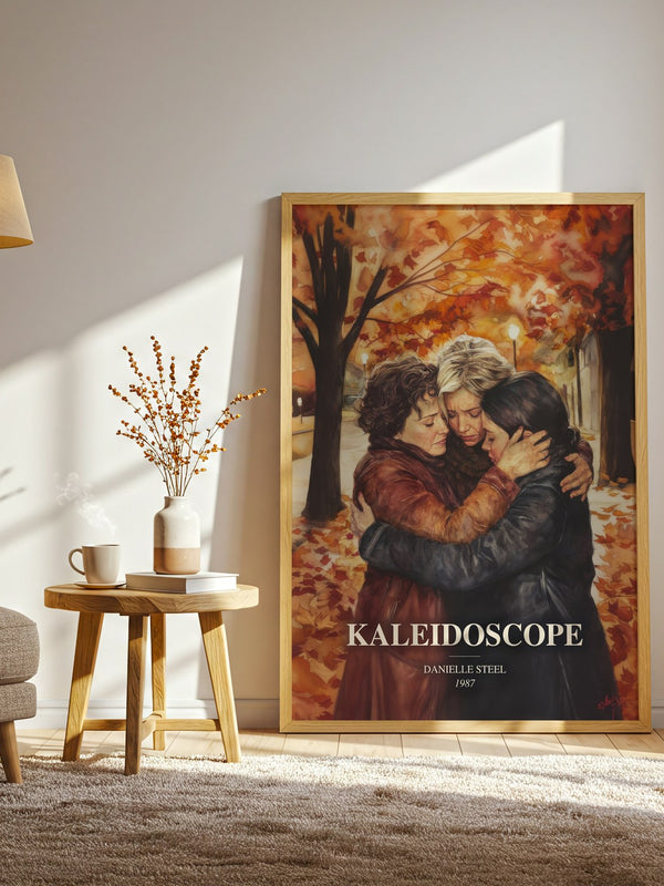 Kaleidoscope watercolour print in frame leaning in hallway – contemporary fiction wall art