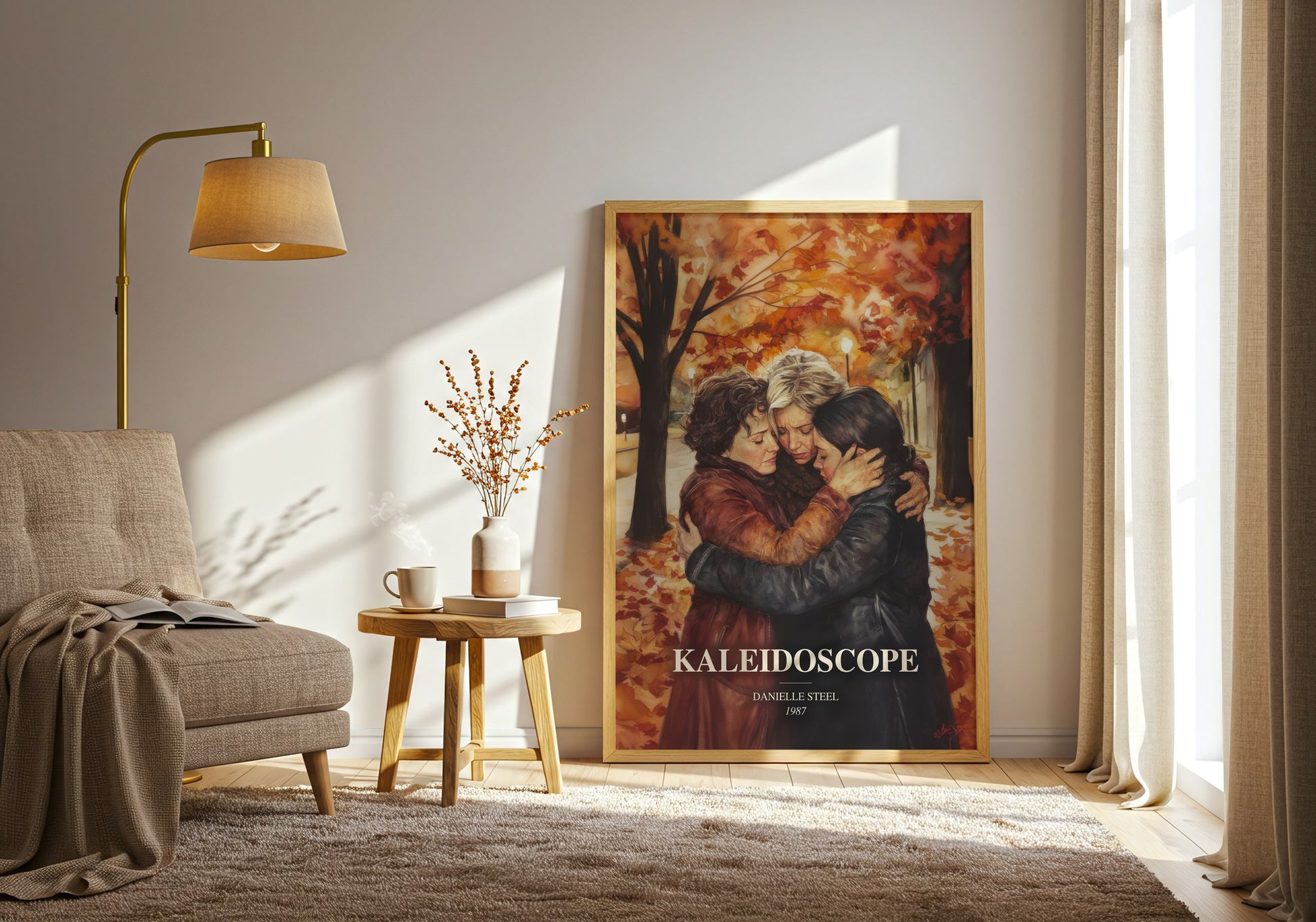 Kaleidoscope watercolour print in frame leaning in hallway – contemporary fiction wall art