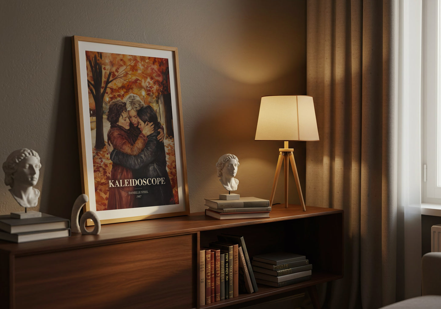 Kaleidoscope watercolour print on bookshelf – Danielle Steel fan gift