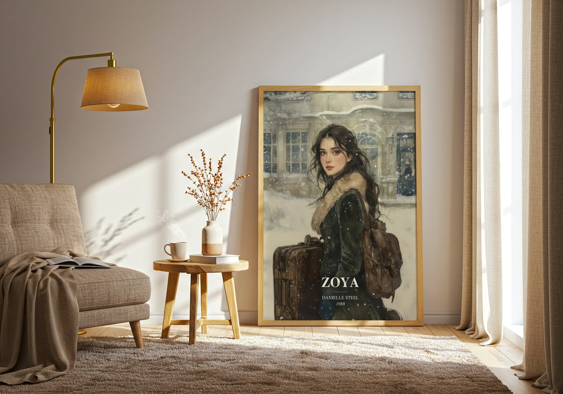 Zoya watercolour print in frame leaning in hallway – historical fiction wall art