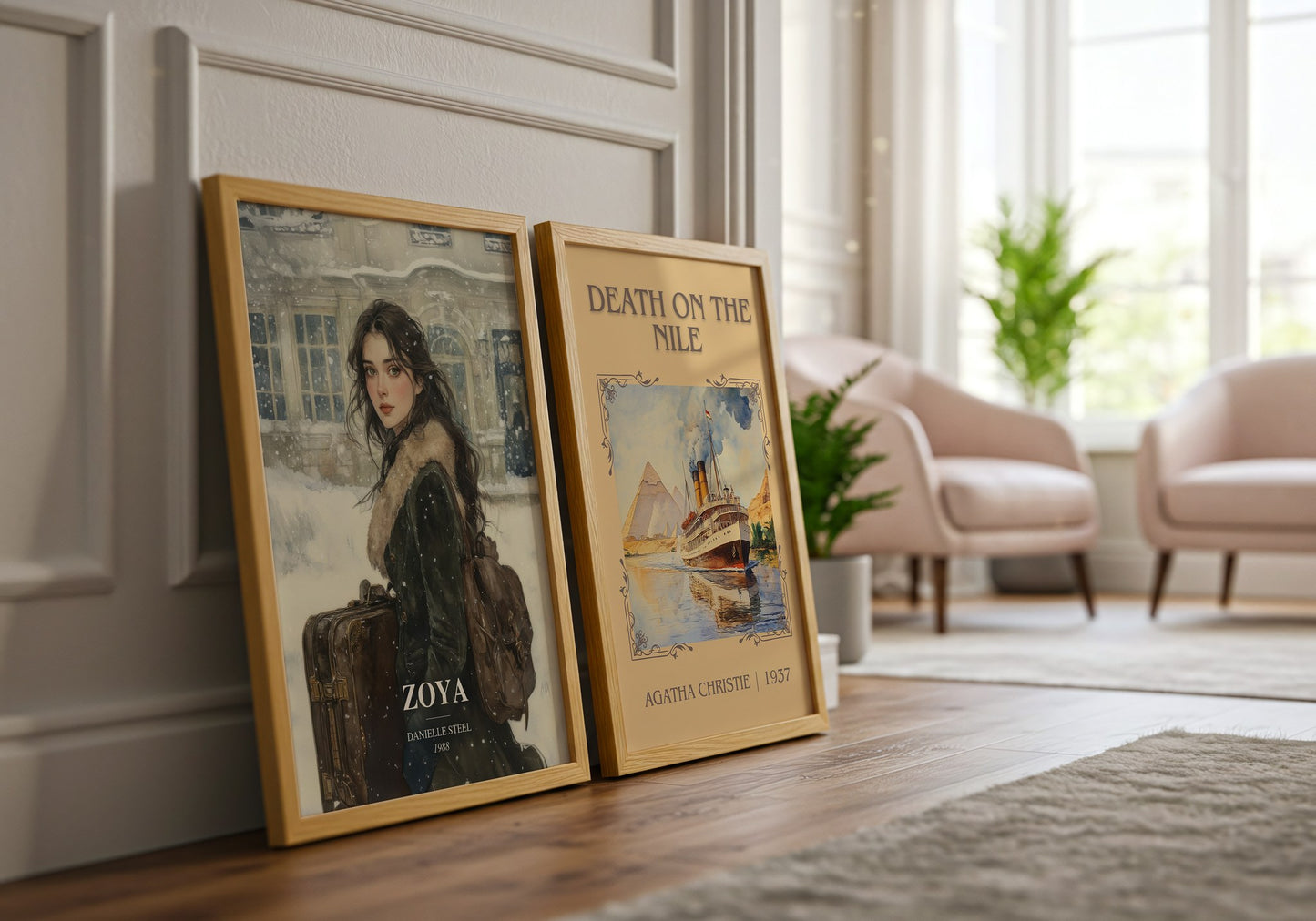 Zoya watercolour print framed by window – literary home decor