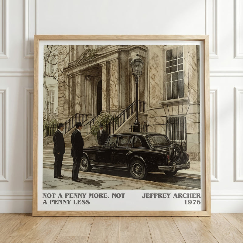 Not a Penny More, Not a Penny Less literary print in frame leaning in hallway – thriller wall art