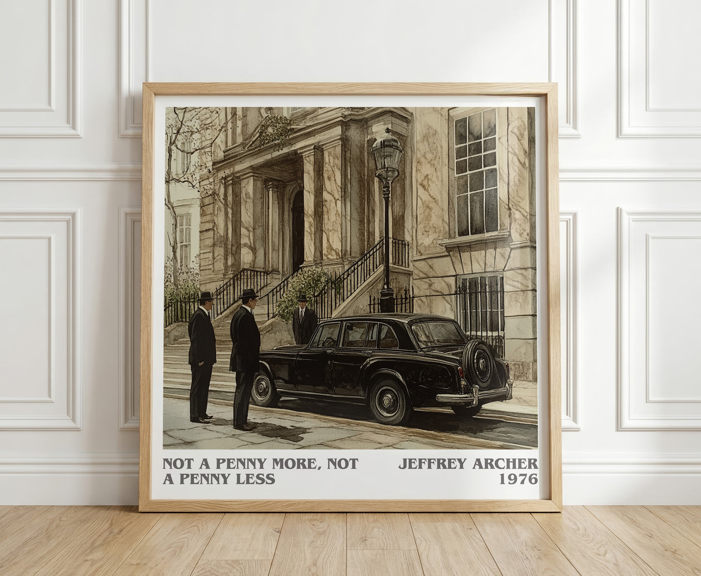 Not a Penny More, Not a Penny Less literary print in frame leaning in hallway – thriller wall art