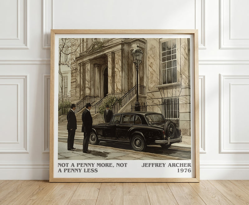 Not a Penny More, Not a Penny Less literary print in frame leaning in hallway – thriller wall art