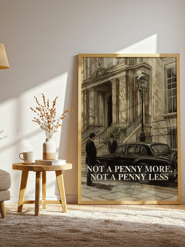 Not A Penny More, Not A Penny Less watercolour print in frame leaning in hallway – crime wall art