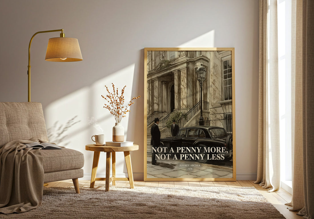 Not A Penny More, Not A Penny Less watercolour print in frame leaning in hallway – crime wall art (mockup)