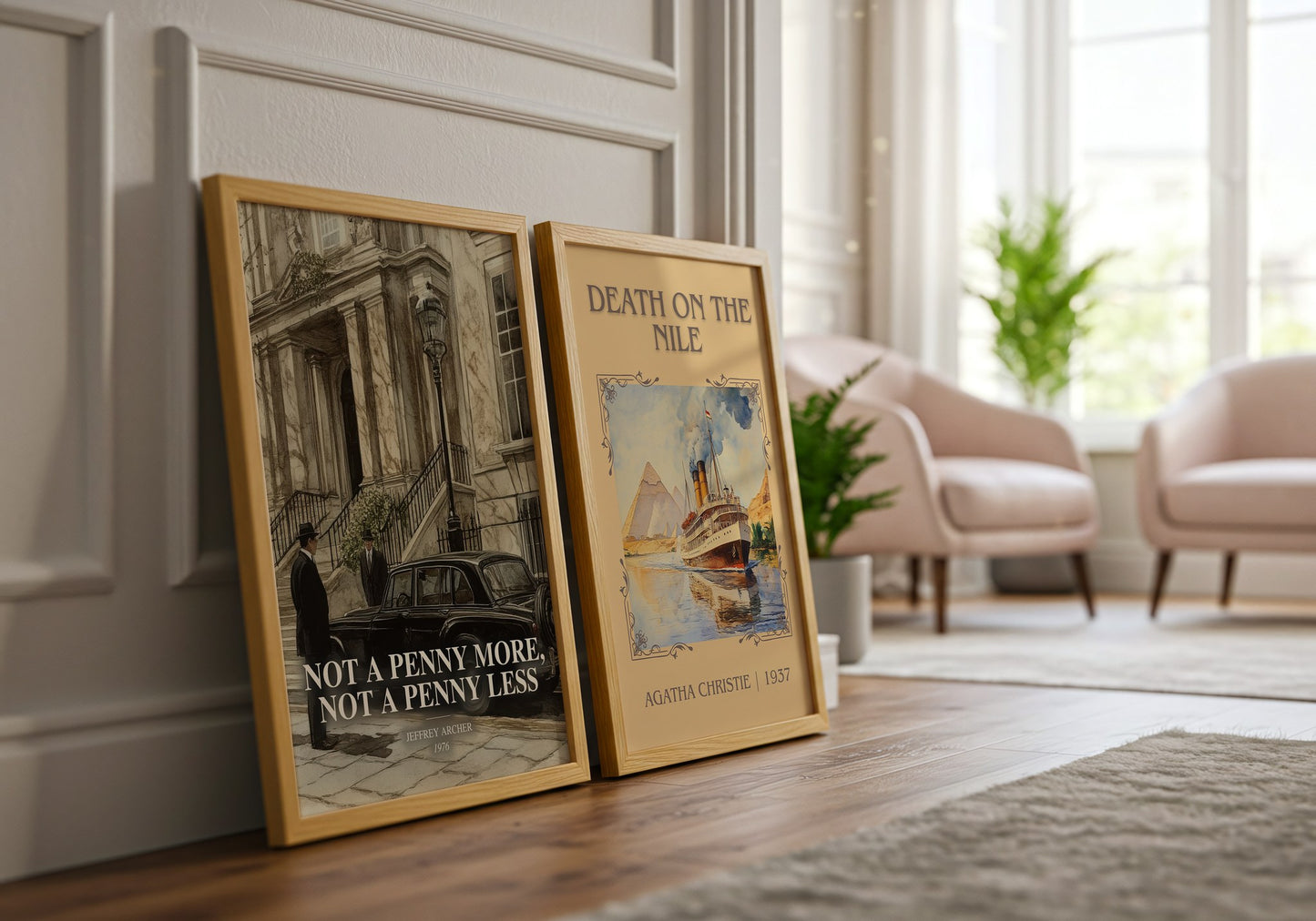 Not A Penny More, Not A Penny Less watercolour print framed by window – literary home decor