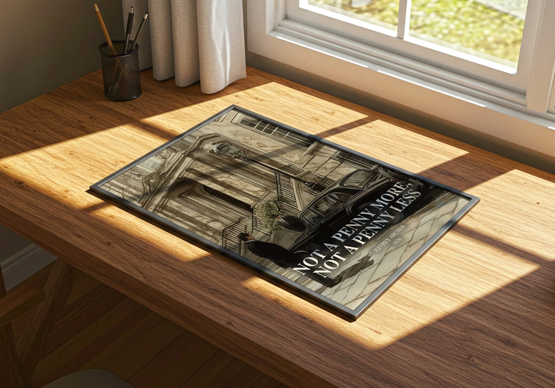 Not A Penny More, Not A Penny Less watercolour book poster framed on wall – crime wall art