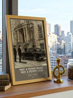 Not a Penny More, Not a Penny Less Book Cover Poster by Jeffrey Archer – framed print on a city-view windowsill
