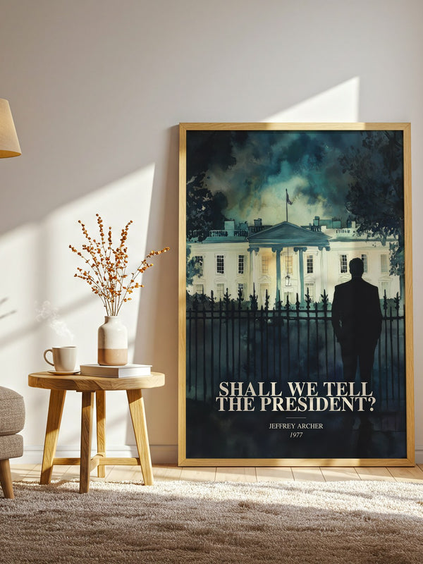 Shall We Tell The President? watercolour print in frame leaning in hallway – thriller wall art