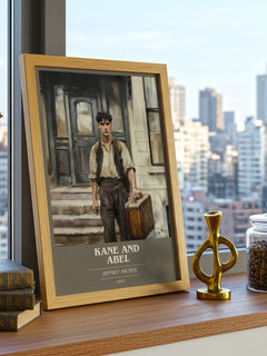 Kane and Abel Book Cover Poster by Jeffrey Archer – framed print on a city-view windowsill