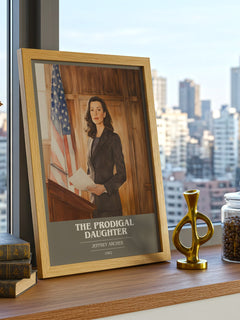 The Prodigal Daughter Book Cover Poster by Jeffrey Archer – framed print on a city-view windowsill