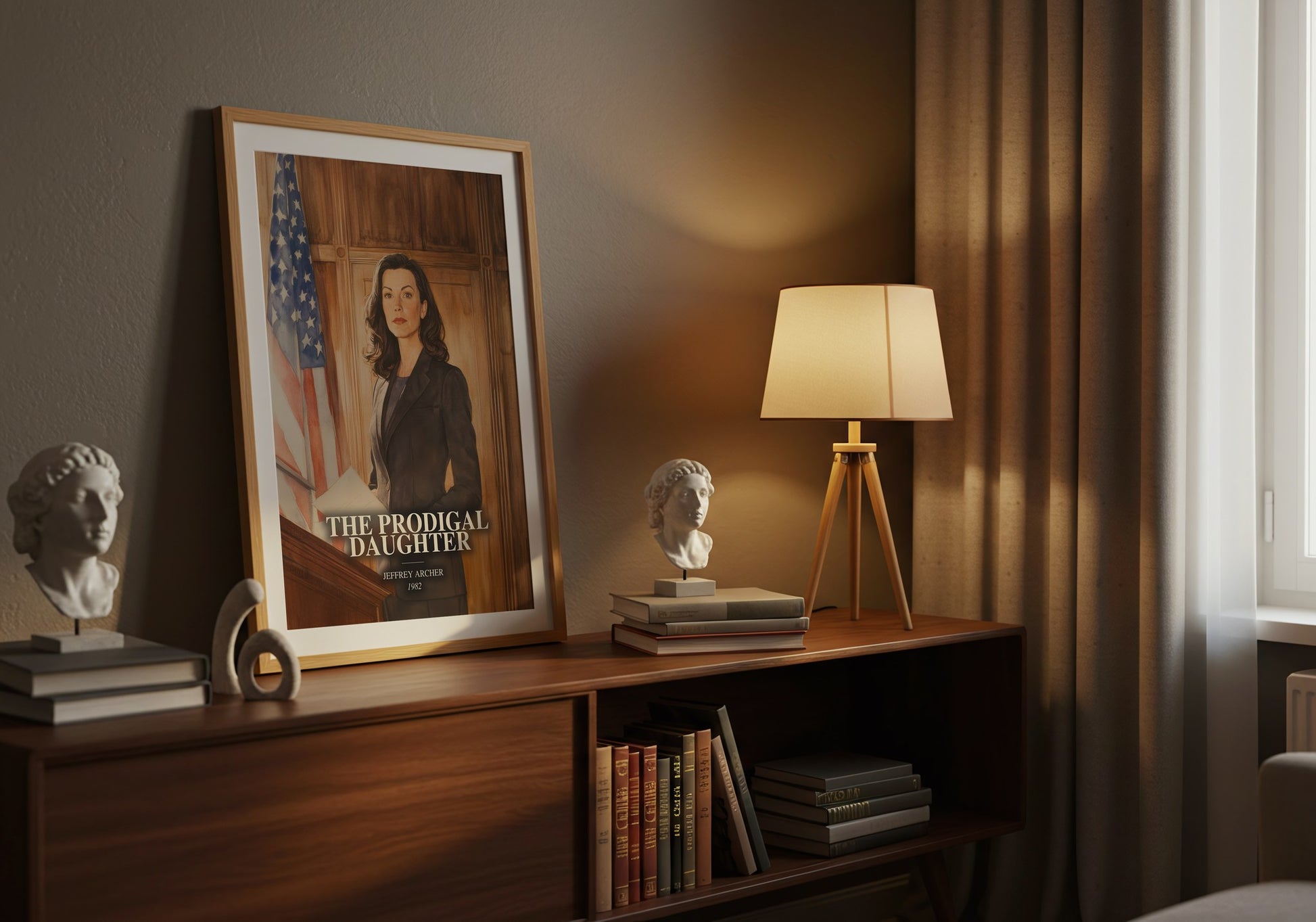 The Prodigal Daughter watercolour print on bookshelf – Jeffrey Archer fan gift