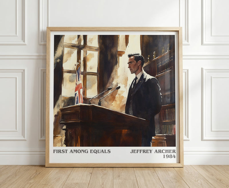 First Among Equals literary print in frame leaning in hallway – contemporary fiction wall art