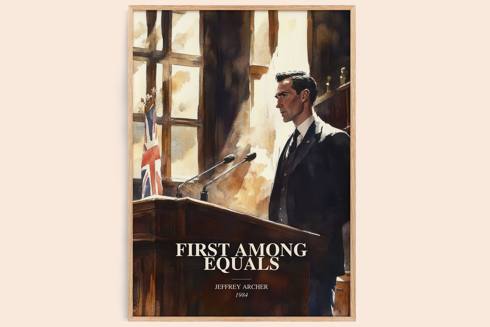 First Among Equals watercolour book poster by Jeffrey Archer – framed literary art print