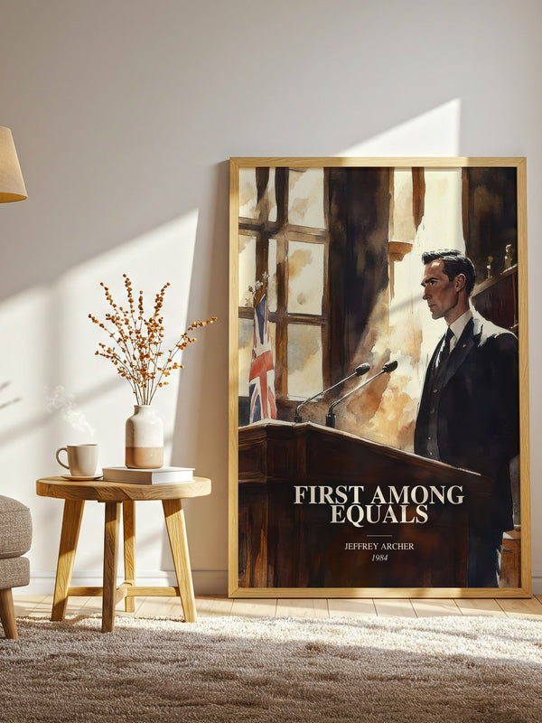 First Among Equals watercolour print in frame leaning in hallway – literary fiction wall art