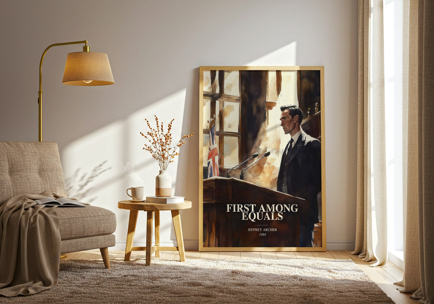 First Among Equals watercolour print in frame leaning in hallway – literary fiction wall art