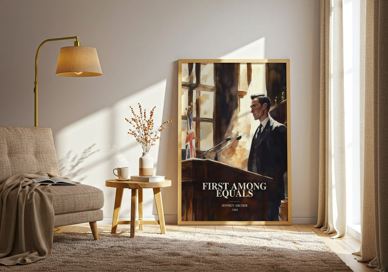 First Among Equals watercolour print in frame leaning in hallway – literary fiction wall art