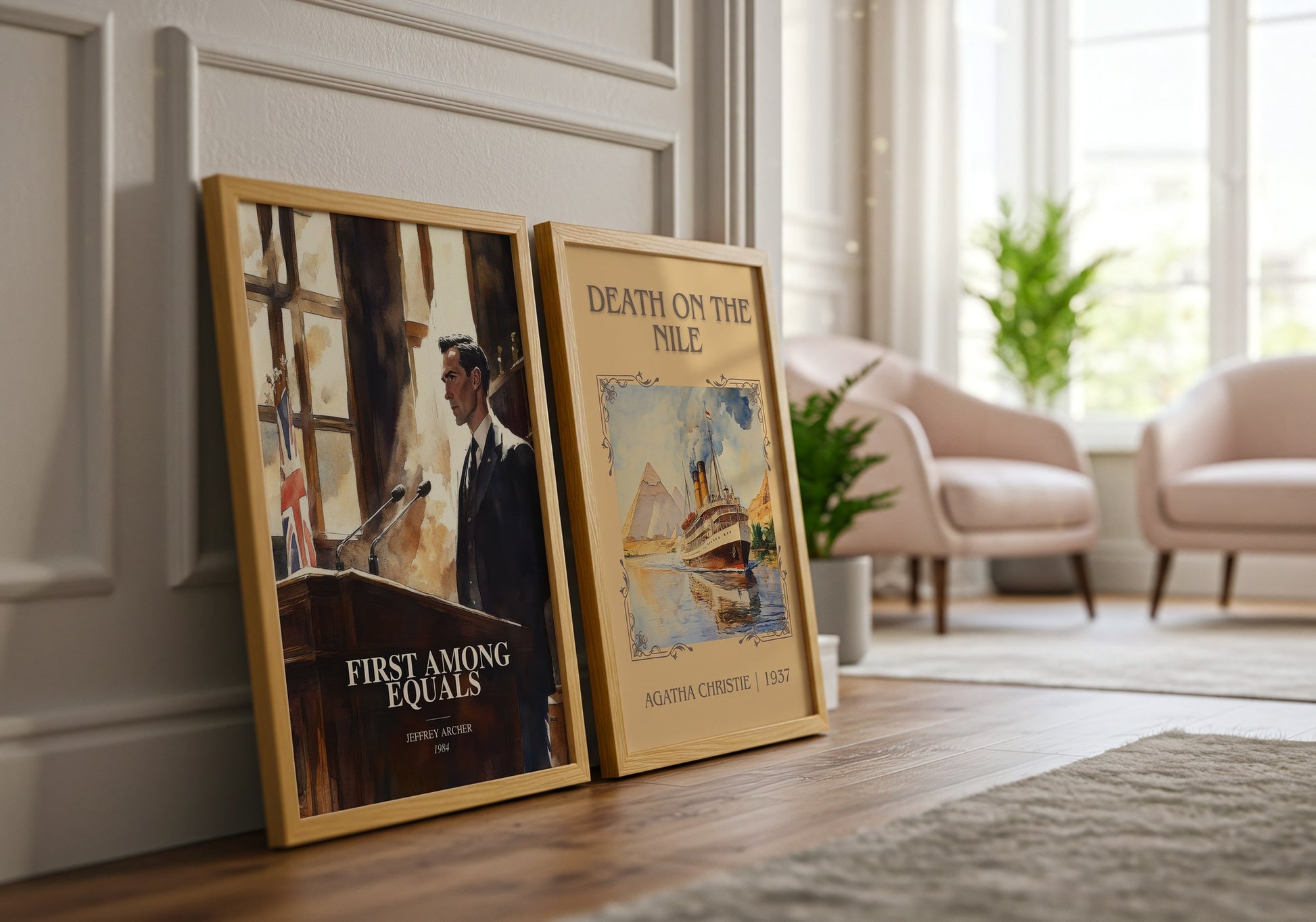 First Among Equals watercolour print framed by window – literary home decor