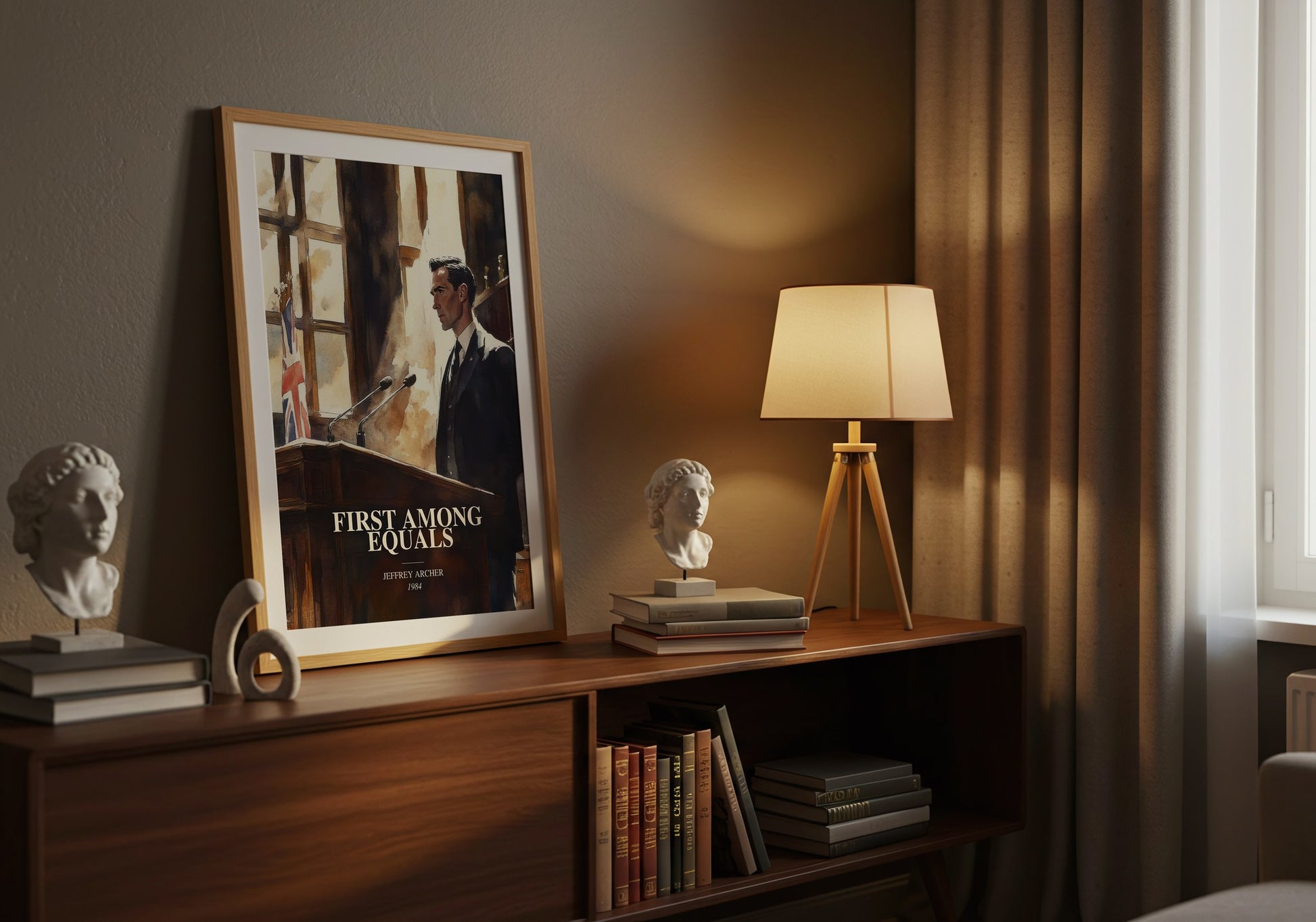 First Among Equals watercolour print on bookshelf – Jeffrey Archer fan gift