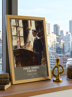 First Among Equals Book Cover Poster by JEFFREY ARCHER – framed print on a city-view windowsill