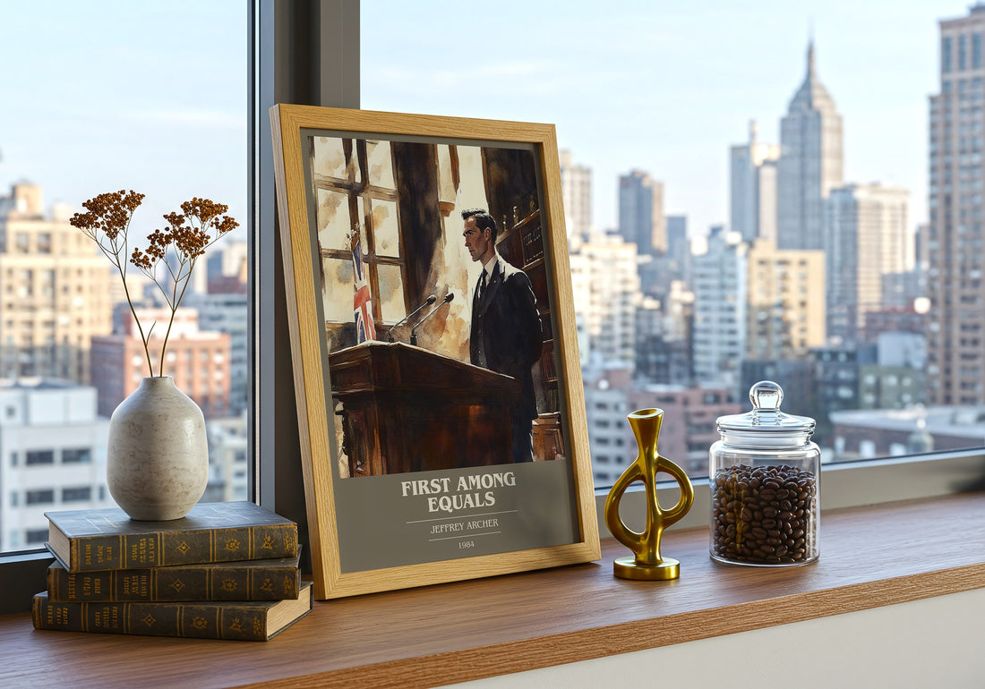 First Among Equals Book Cover Poster by JEFFREY ARCHER – framed print on a city-view windowsill
