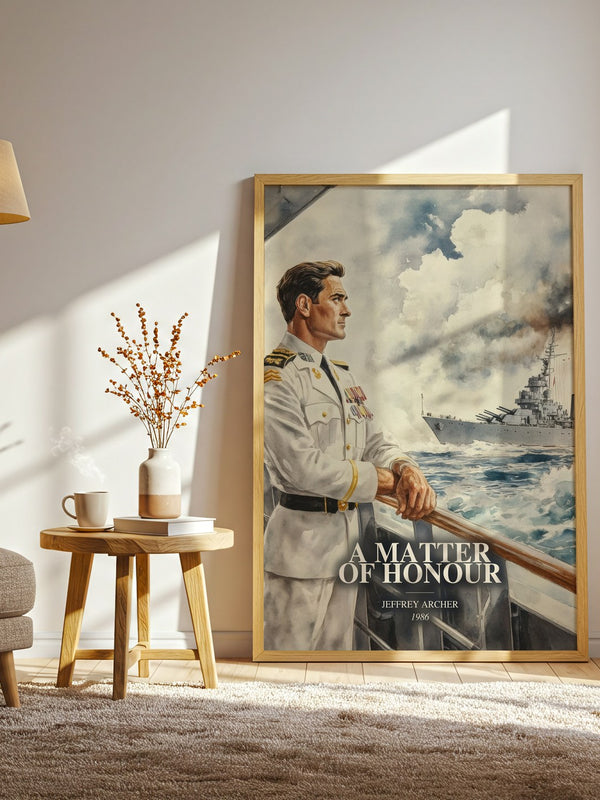 A Matter Of Honour watercolour print in frame leaning in hallway – thriller wall art