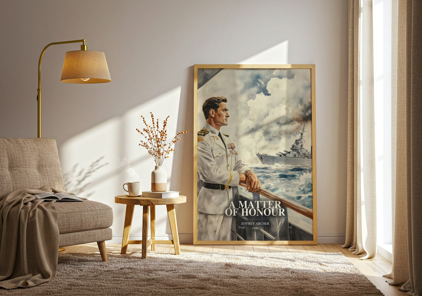 A Matter Of Honour watercolour print in frame leaning in hallway – thriller wall art